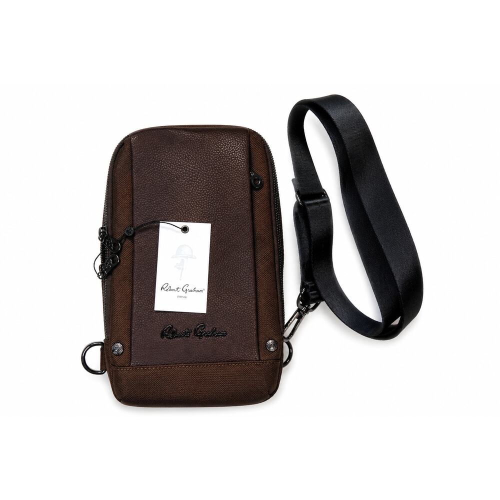 Robert Graham Men’s Brown Sling Bag Crossbody Travel Faux Leather Multi Pocket
